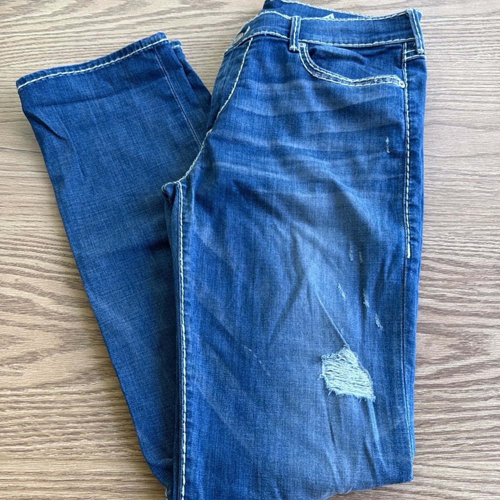 True Religion Cora Mid Rise Straight Jeans with White Stitching